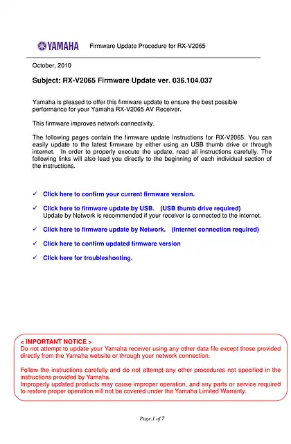 yamaha雅马哈RX-V2065 Firmware Update ver. 036.104.037 Installation_Manual